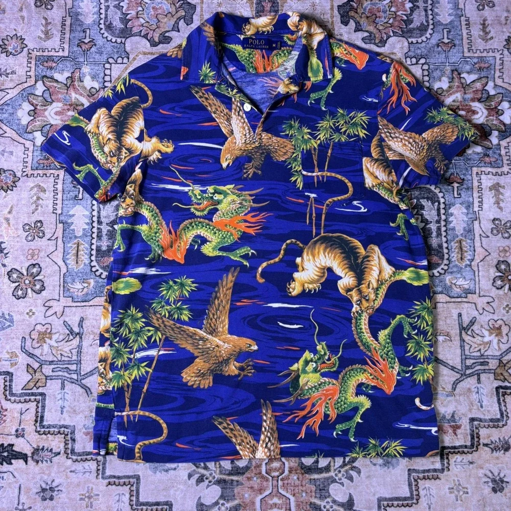 Polo Ralph Lauren Mens Blue Tiger Dragon Eagle Japanese Print Shirt Medium 2014
